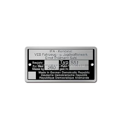 Típustábla S51 aluminium német